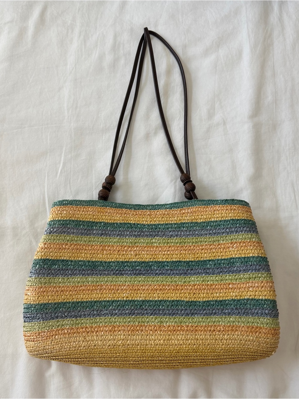 Striped Woven Shoulder Tote in Yellow, Green & Blue